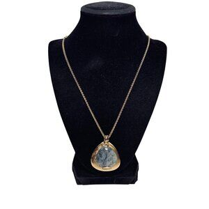 Monet Gold Tone Byzantine Chain Necklace W/ Blue Green Semi Precious Pendant (62